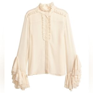 H&M Conscious Exclusive Top Blouse 34 US 2/4 Ruffly Semi-Sheer Long Sleeve RARE
